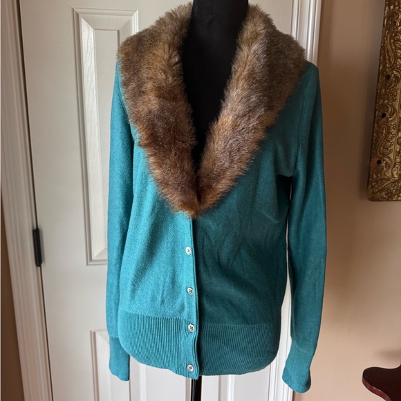 CAbi Teal Cardigan with Detachable Faux Fur Collar - Picture 2 of 9
